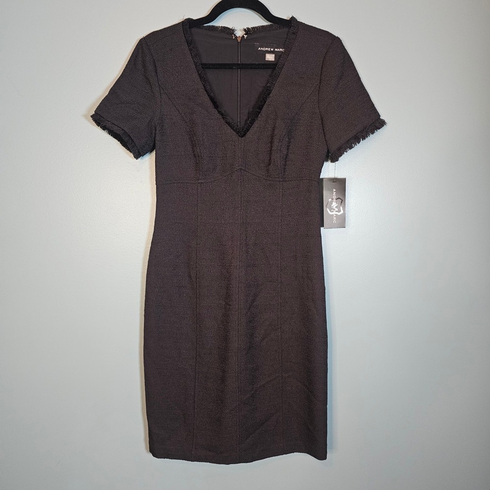 Andrew Marc Black Textured V Neck Short Sleeve Lined Sheath Dress Size 4